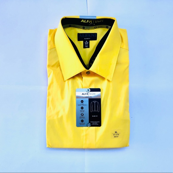 Alfani Mens Yellow Slim Fit Stretch Collar Dress Shirt XL 17-17 1/2, 36/37 - Picture 2 of 4